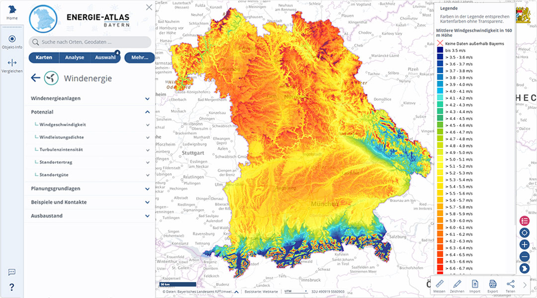 Karte über Windenergieanlagen in Bayern